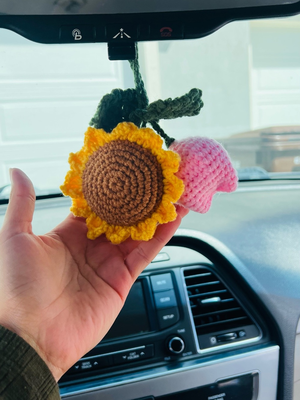 Crocheted Sunflower Wall Hanging Art in Yellow and Pink